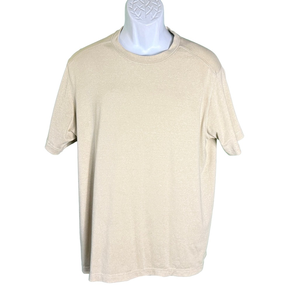 REI T-Shirt Mens Large Beige Tan Short Sleeve Performance Stretch Crew Neck